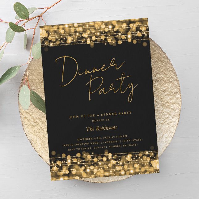 Gold Chic Lights Script Dinner Party Black Invitation (Gold Chic Lights Script Dinner Party Black Invitation)
