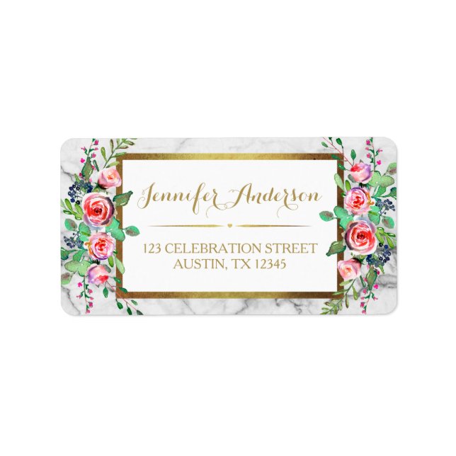 Gold Chic Marble Beautiful Floral Roses Label (Front)