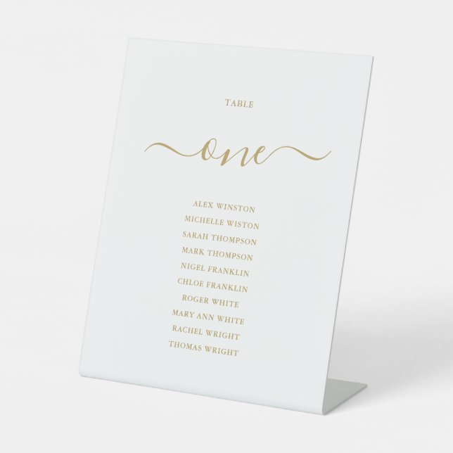 Gold Chic Script Table Number Seating Chart Pedestal Sign (Front)