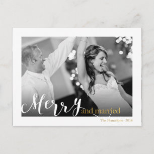 Gold Chic Typography "merry and married" photo Holiday Postcard
