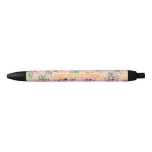 Gold Chic Watercolour Floral Personalised Black Ink Pen
