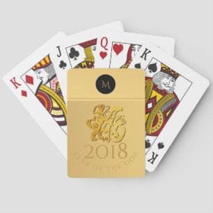Gold Chinese Dog Papercut Monogram Playing C Cards