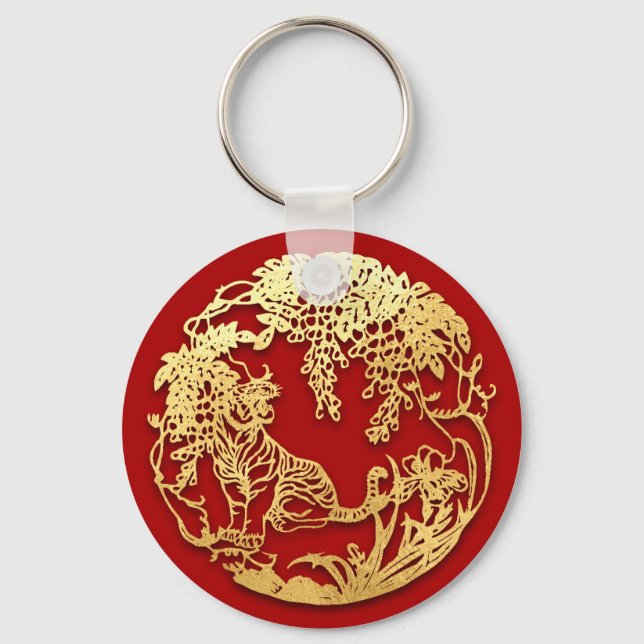 Gold Chinese Paper-cut Tiger Year Choose Colour K0 Key Ring (Front)