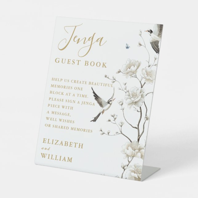 Gold Chinoiserie Floral Jenga Guestbook Wedding Pedestal Sign (Front)
