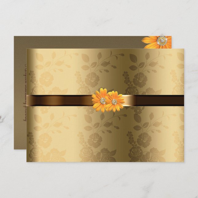 Gold & Chocolate Brown, Yellow Flowers Wedding Invitation (Front/Back)