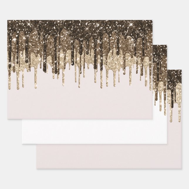 Gold Chocolate Ice Cream Glitter Drips Birthday Wrapping Paper Sheet (Set)
