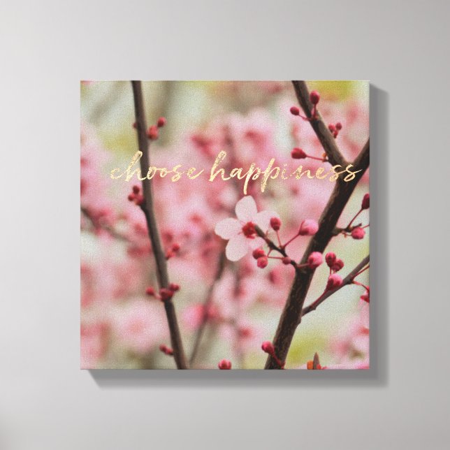 Gold Choose Happiness Cherry Blossom Floral Canvas Print (Front)