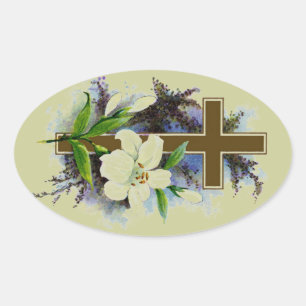 Gold Christian Cross Oval Sticker