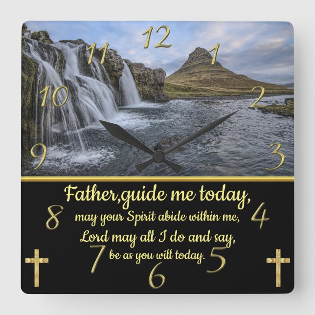 Gold Christian Faith cross with a yellowwaterfall  Square Wall Clock (Front)