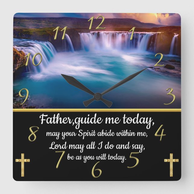 Gold Christian Faith cross with Father,guide me  Square Wall Clock (Front)