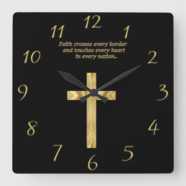 Gold Christian Faith cross with funny saying Square Wall Clock (Front)