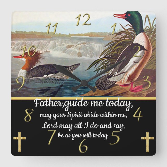 Gold Christian Faith cross with two ducks  Square Wall Clock (Front)