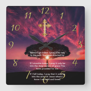 Gold Christian Faith cross with Where I go today,  Square Wall Clock