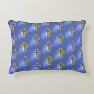 Gold Christian Religious Holiday Cross Blue Easter Decorative Cushion