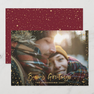 Gold Christmas 1 photo burgundy modern holiday Card