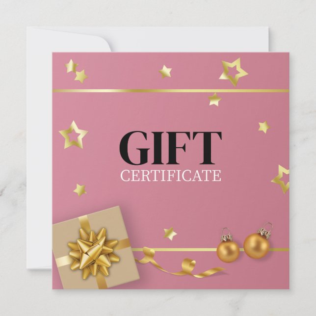 Gold Christmas Ball Stars Ribbon Pink Gift Card (Front)