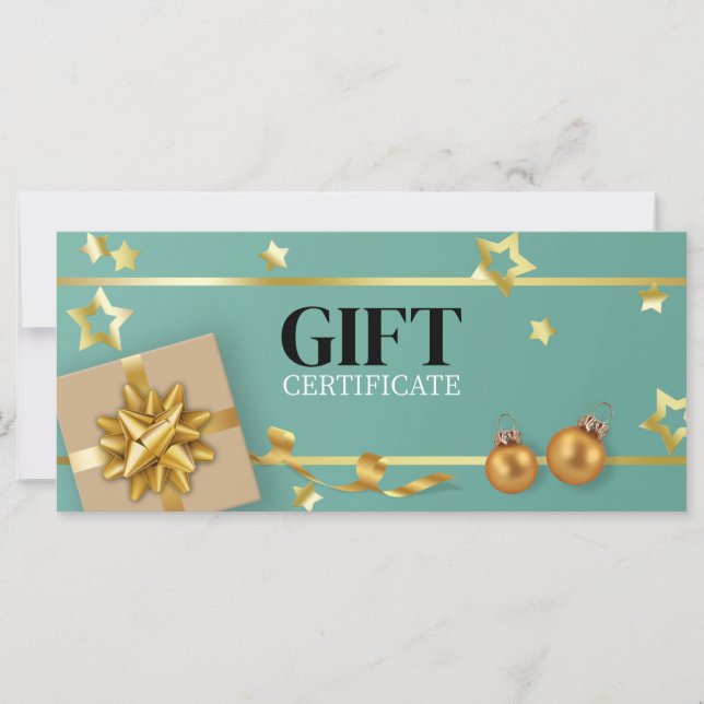 Gold Christmas Ball Teal Stars Ribbon Gift Card (Front)