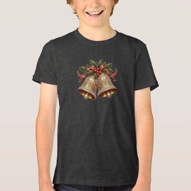 Gold Christmas Bells Boys T-Shirt Tri-Blend Shirt (Front)