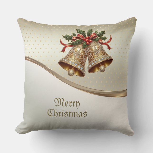 Gold Christmas Bells Holiday Throw Pillow (Front)