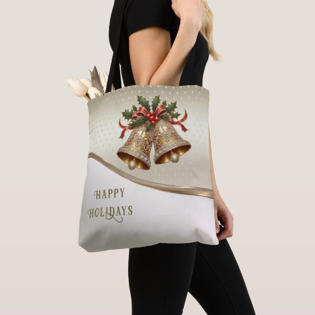 Gold Christmas Bells Holiday Tote Bag (Close Up)