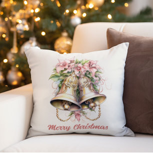 Gold Christmas Bells Pink Flowers  Cushion