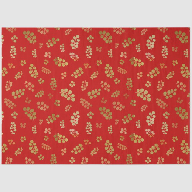 Gold Christmas Berries on Red ~ Tissue Paper (Front)