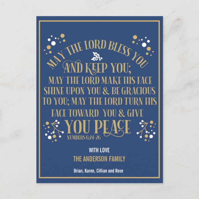 Gold Christmas Blessing Numbers 6:24-26 Non Photo Holiday Postcard (Front)