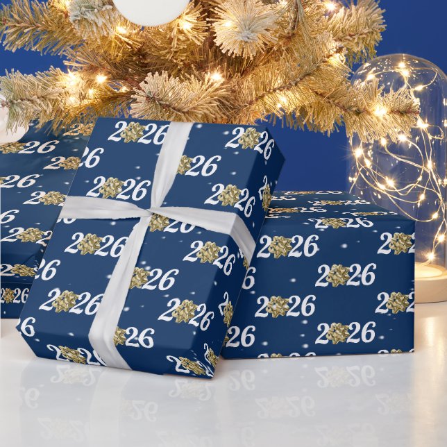 Gold Christmas Bow for 2026 on Blue Wrapping Paper (Holidays)