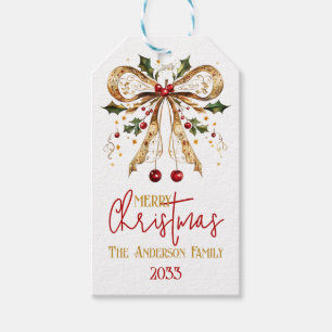 Gold Christmas Bow, Merry Christmas, Family Name Gift Tags