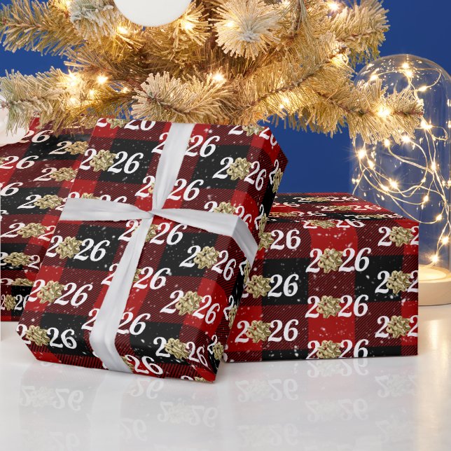 Gold Christmas Bow On Plaid 2026 Wrapping Paper (Holidays)