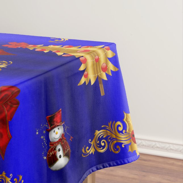 Gold Christmas Decorations on Blue Tablecloth (In Situ)