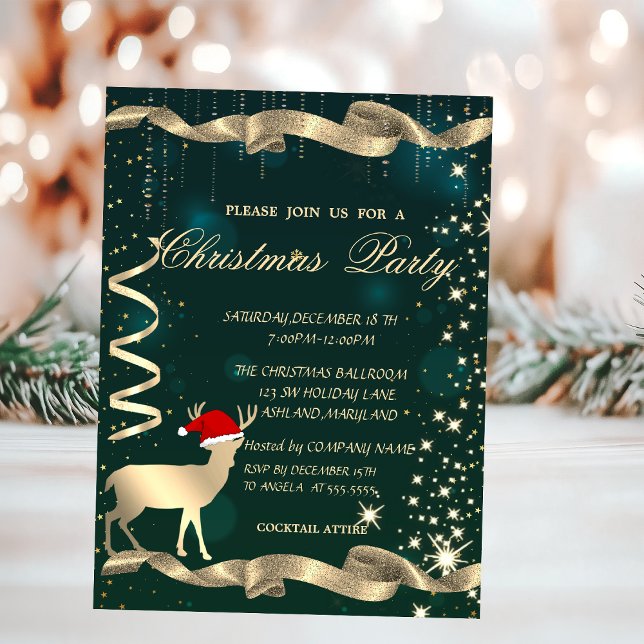 Gold Christmas Deer,Sparkle,Green Christmas Party Invitation (Creator Uploaded)