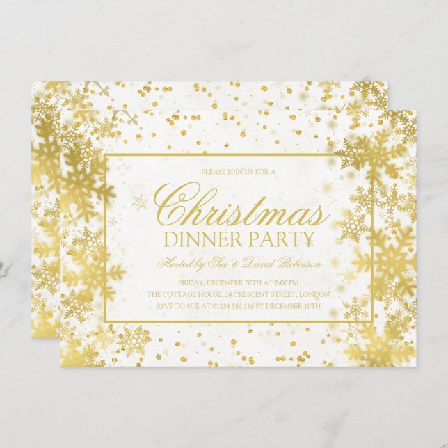 Gold Christmas Dinner Party Winter Snowflakes Invitation (Front/Back)
