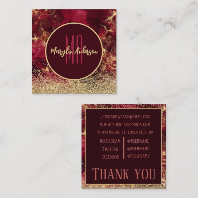 GOLD CHRISTMAS FIRE OPAL GLITTER CUSTOM MONOGRAM SQUARE BUSINESS CARD (Front/Back)
