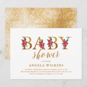 Gold Christmas Floral Baby Shower Invitation