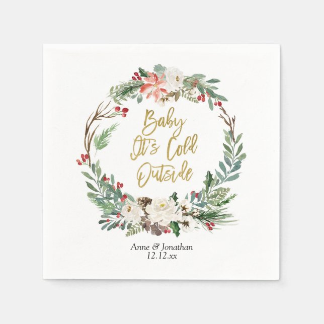 Gold Christmas Floral Paper Party Napkin (Front)