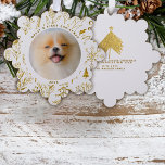 Gold Christmas Floral Pet's First Christmas Photo Tree Decoration Card<br><div class="desc">Let a festive flurry of gold Christmas botanical surround your favourite pet photo this Holiday Season.  Easily customise front and back of this paper ornament card with your personal details to send the perfect holiday greetings and unique keepsake gift for yourself,  family and friends.</div>