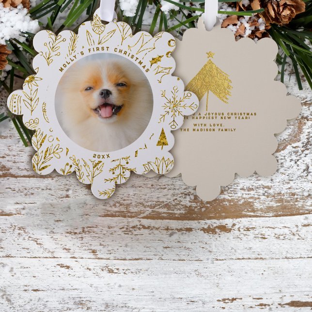 Gold Christmas Floral Pet's First Christmas Photo Tree Decoration Card (Creator Uploaded)