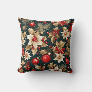 gold Christmas flowers, red bauble and berries Cushion