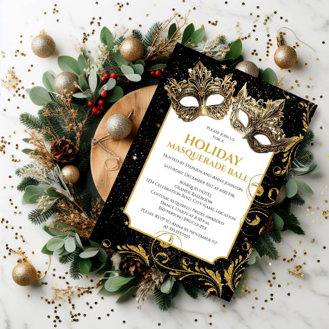 Gold Christmas Holiday Masquerade Ball Invitation (Enjoy celebrating Christmas and the Holidays by inviting your guests for a holiday masquerade ball.)
