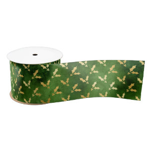 Gold Christmas Holly on Green Satin Ribbon