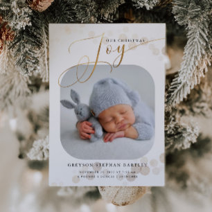 Gold Christmas Joy Baby Photo Birth Announcement