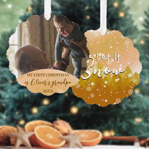 Gold Christmas Let it Snow New Grandpa Photo Tree Decoration Card