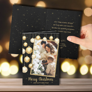 Gold Christmas Ornaments Folded Photo Holiday Card