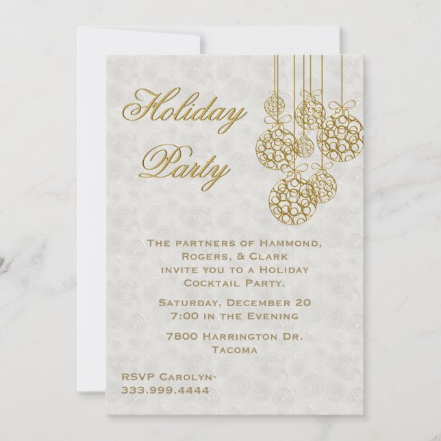 Gold Christmas Ornaments Holiday Invitation (Front)
