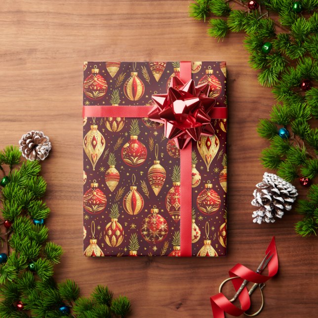 Gold Christmas Ornaments Pine Branches Wrapping Paper (Holiday Gift)