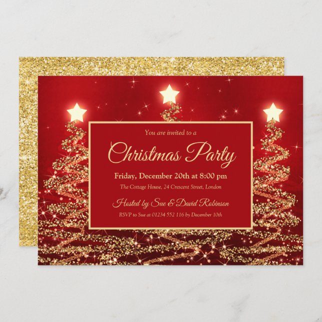 Gold Christmas Party Sparkle Glitter Trees Red Invitation (Front/Back)