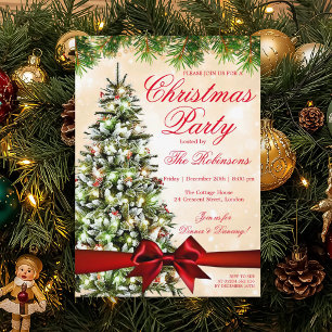 Gold Christmas Party   Xmas Tree Lights & Ribbon Invitation