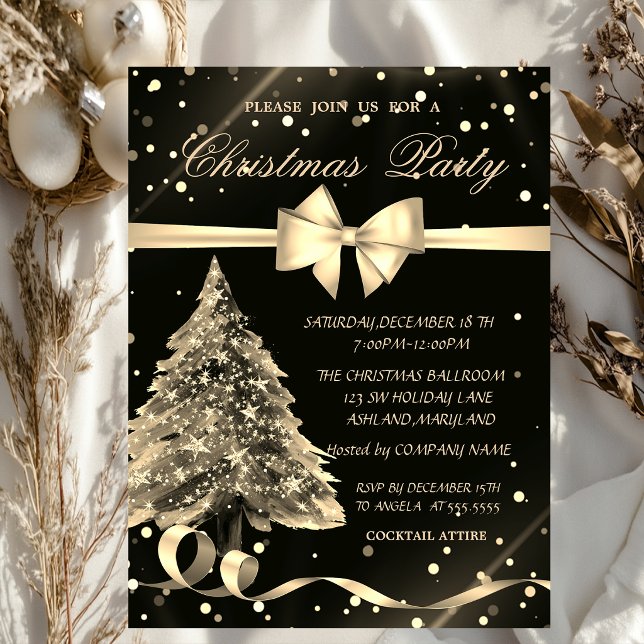 Gold Christmas Pine Tree ,Bow, Christmas Party Invitation (Creator Uploaded)
