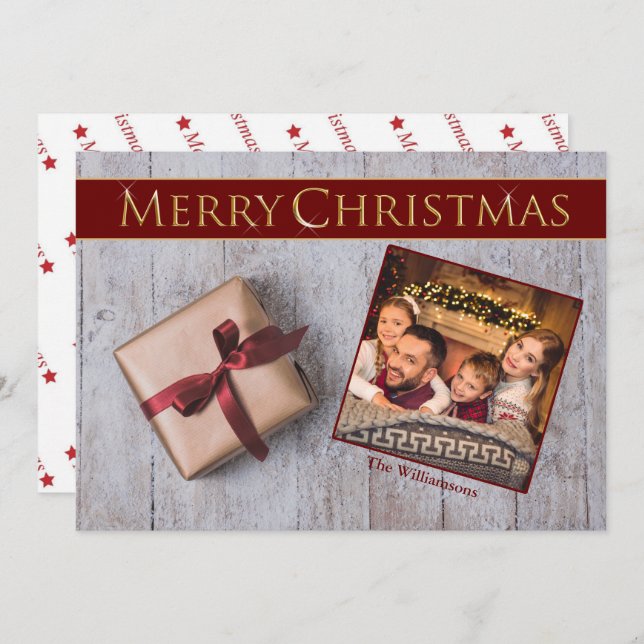 Gold Christmas Present on Snowy Deck Photo Holiday Card (Front/Back)